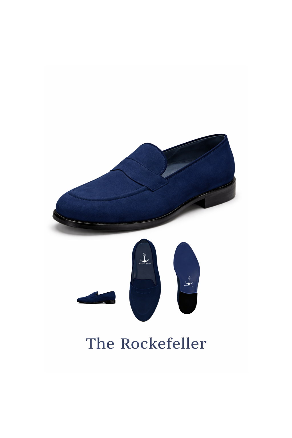 Navy Lanier's blue loafer on a white background, branded 'The Rockefeller'.