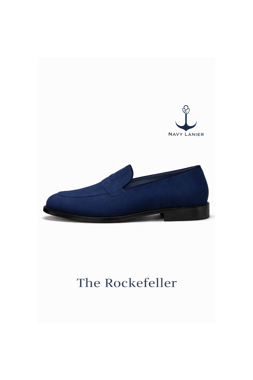 The Rockefeller by Navy Lanier, a deep navy suede loafer with a clean silhouette, displayed on a white background.