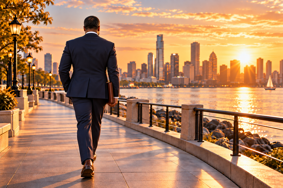 AI-generated editorial illustration depicting Navy Lanier from behind in a navy suit, walking toward sunrise along a city waterfront promenade with a leather portfolio.