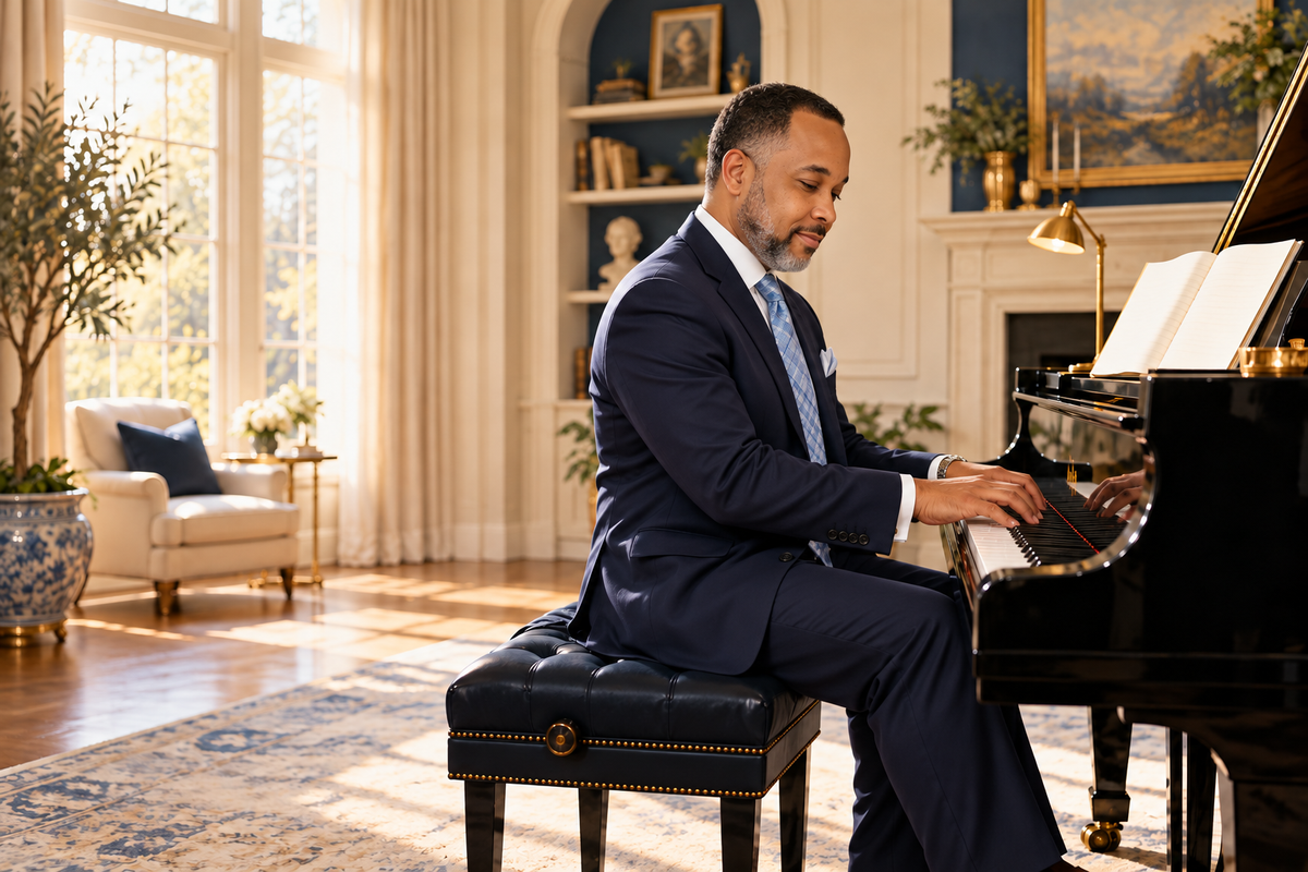 Illustration of Navy Lanier in a navy suit and blue patterned tie playing a black grand piano in a bright music room.