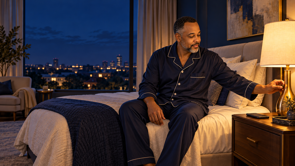 Illustrated scene of Navy Lanier in navy-blue pajamas, sitting on a bed beside a warm lamp with city lights visible through the window.