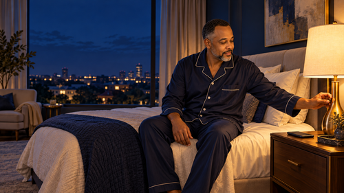 Illustrated scene of Navy Lanier in navy-blue pajamas, sitting on a bed beside a warm lamp with city lights visible through the window.