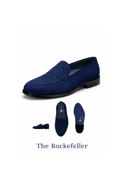 Navy Lanier's blue loafer on a white background, branded 'The Rockefeller'.