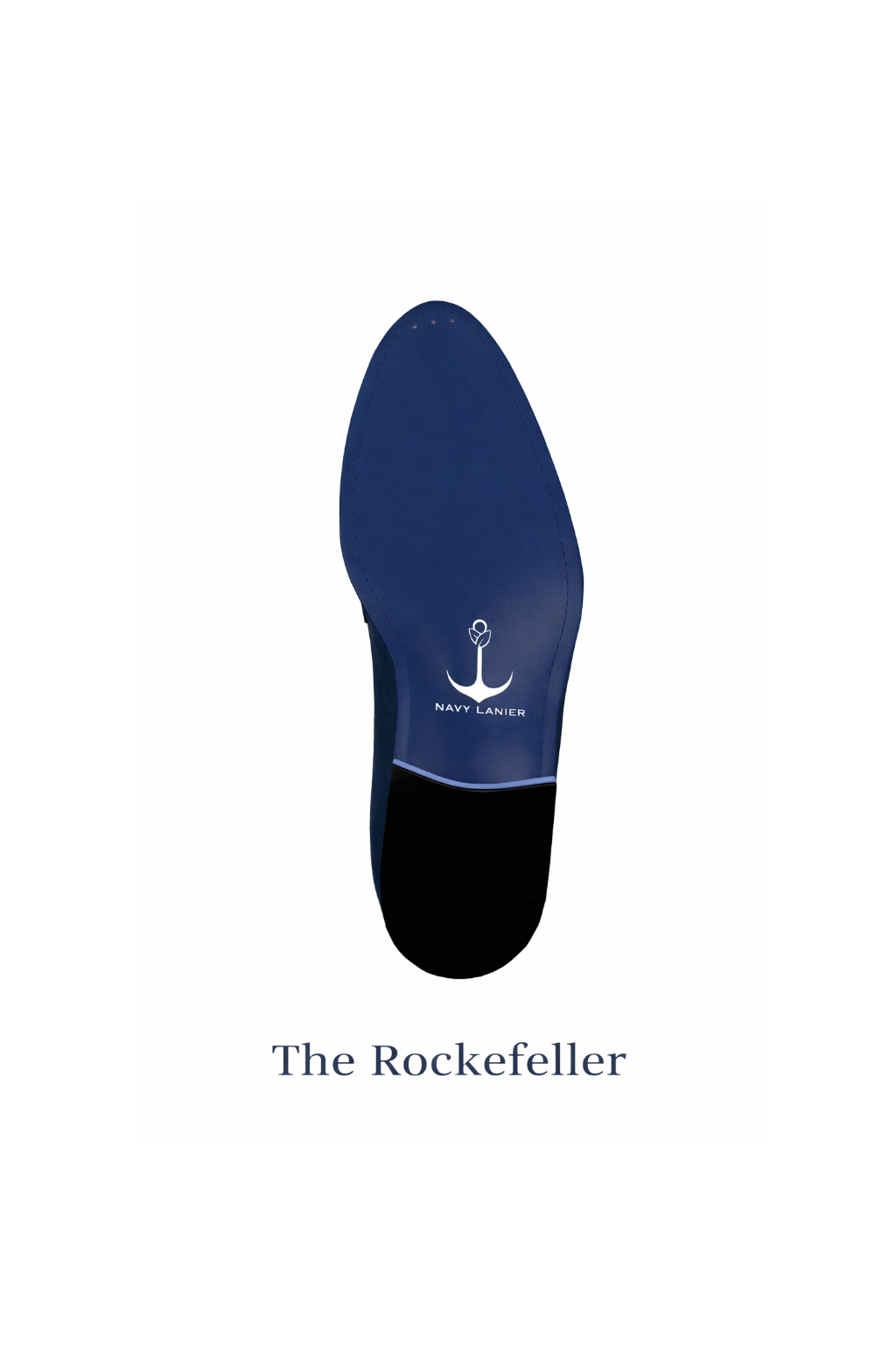 Navy Lanier's blue loafer on a white background, branded 'The Rockefeller'.