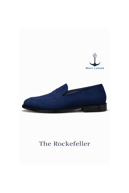 Navy Lanier's blue loafer on a white background, branded 'The Rockefeller'.