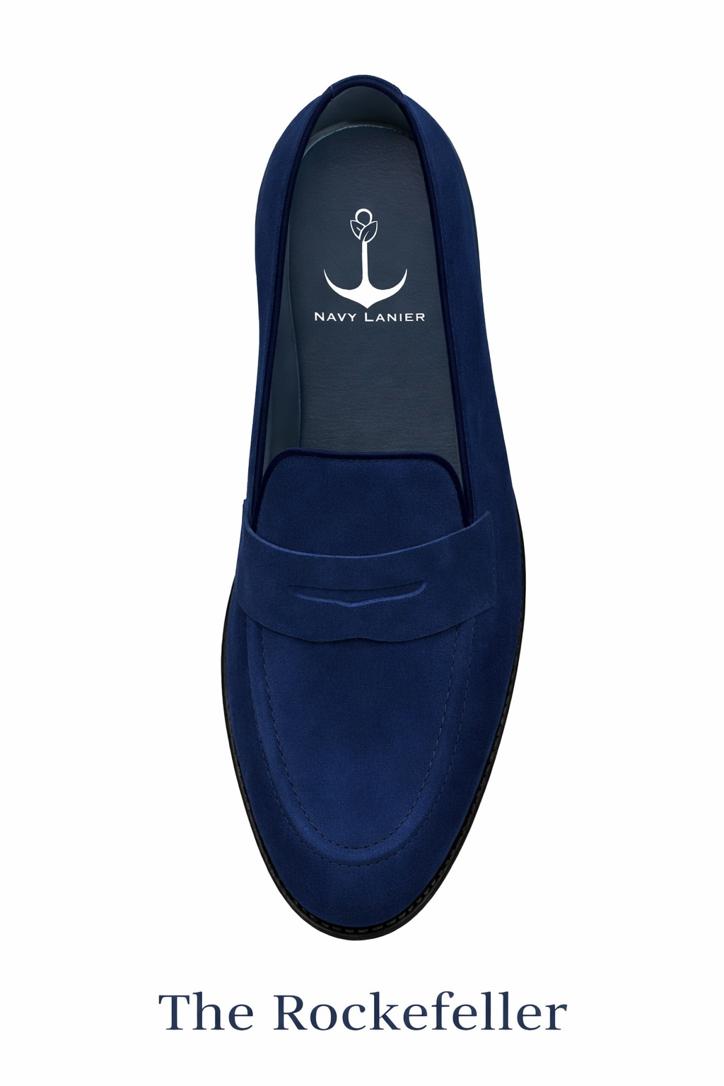 Navy Lanier's blue loafer on a white background, branded 'The Rockefeller'.