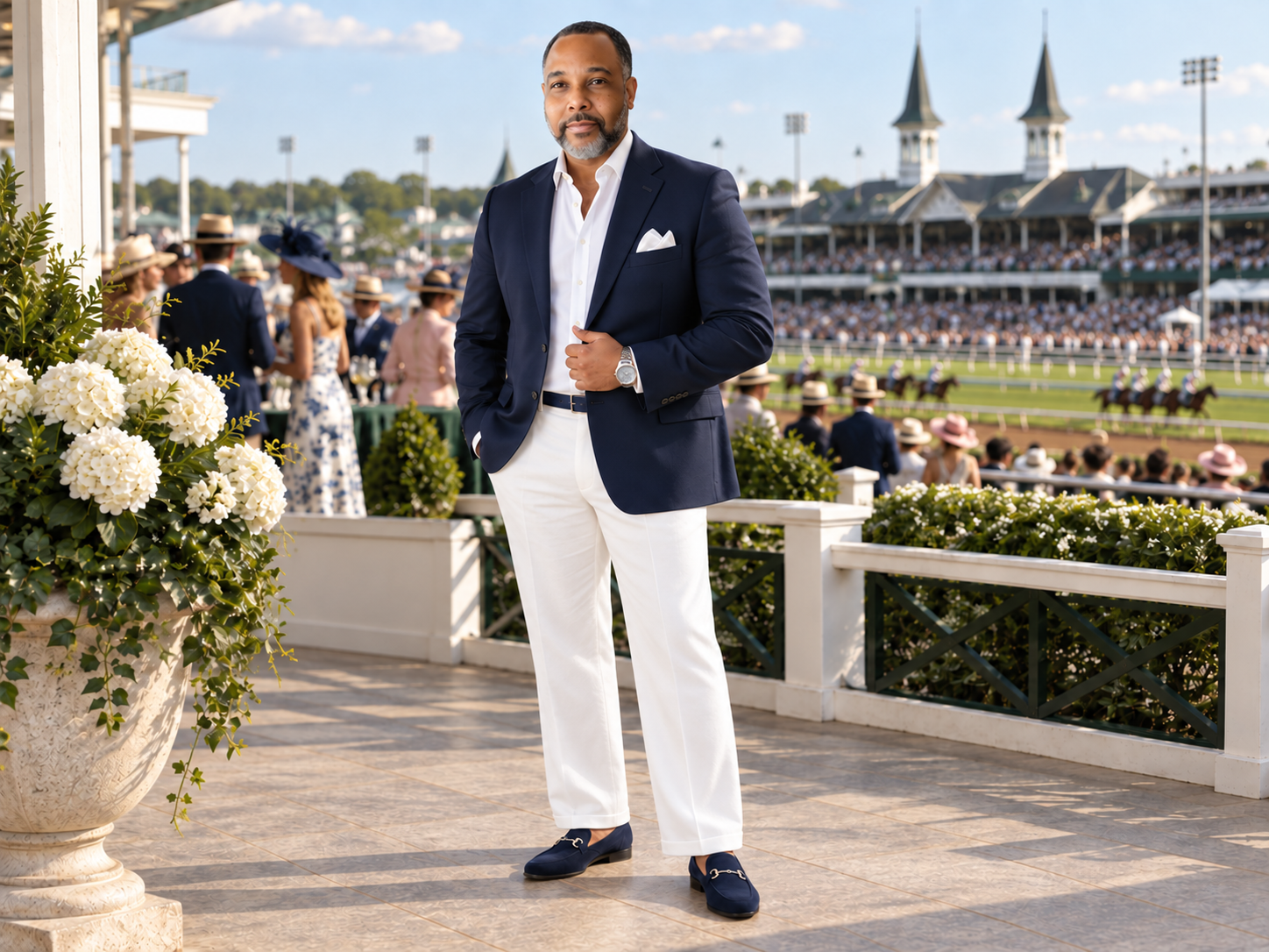 Navy Lanier at the Kentucky Derby in a navy jacket, white cuffed trousers and navy Machiavelli loafers